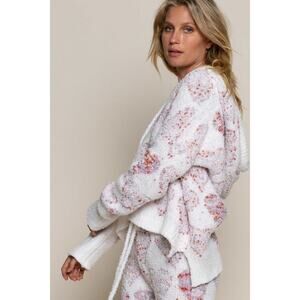 POL Soft White Lounge Heart Print Pattern Cozy Hoodie EUC Size Large